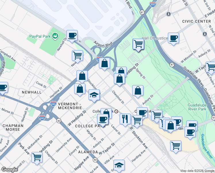 map of restaurants, bars, coffee shops, grocery stores, and more near 629 West Hedding Street in San Jose