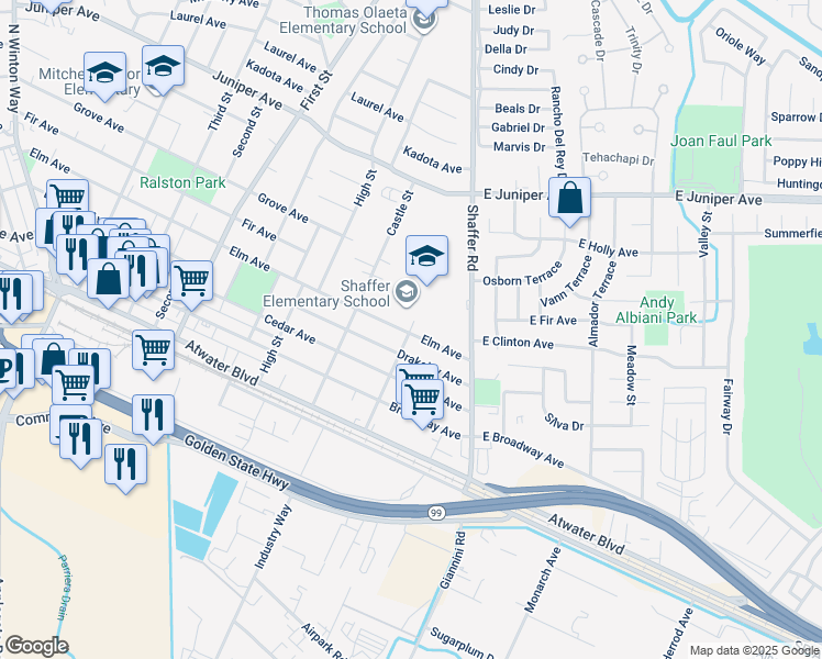 map of restaurants, bars, coffee shops, grocery stores, and more near 1434 California Street in Atwater