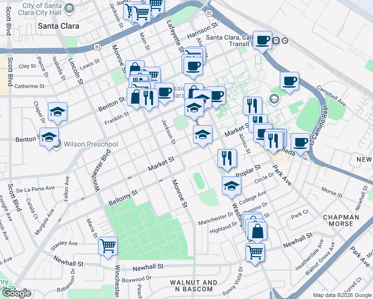 map of restaurants, bars, coffee shops, grocery stores, and more near 1145 Market Street in Santa Clara