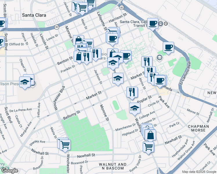 map of restaurants, bars, coffee shops, grocery stores, and more near 1145 Market Street in Santa Clara