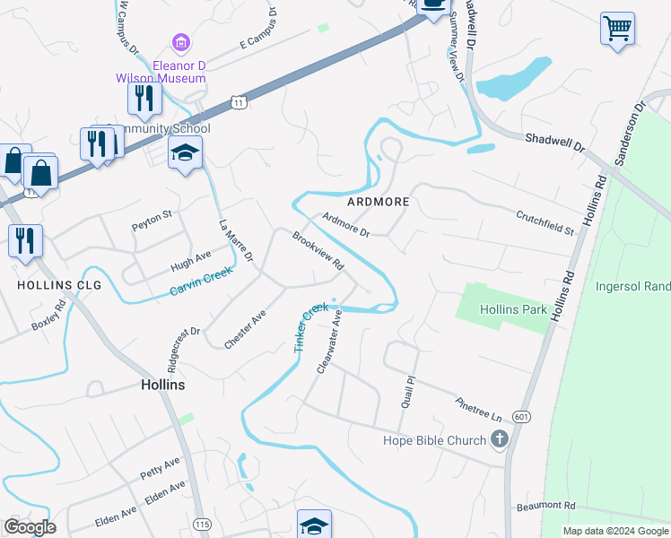 map of restaurants, bars, coffee shops, grocery stores, and more near 7002 Brookview Road in Hollins