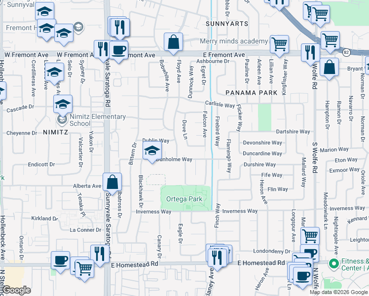 map of restaurants, bars, coffee shops, grocery stores, and more near 634 Dorset Way in Sunnyvale