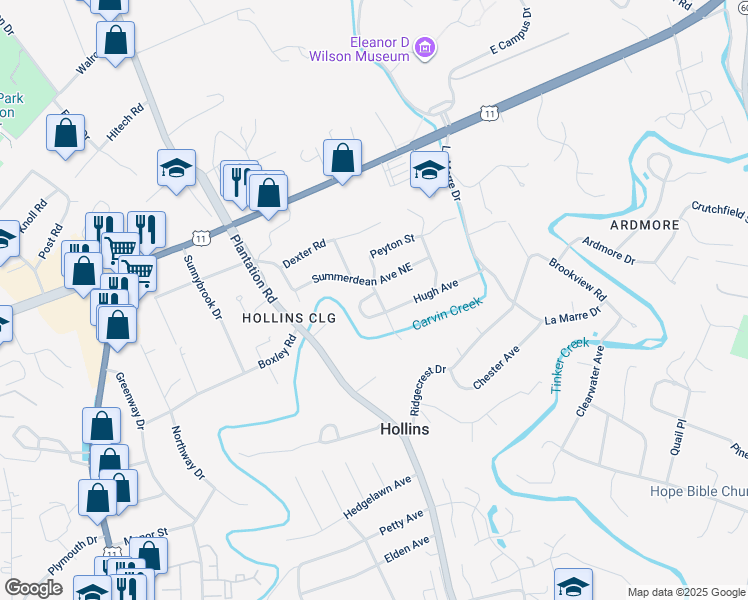 map of restaurants, bars, coffee shops, grocery stores, and more near 7214 Peyton Street in Hollins