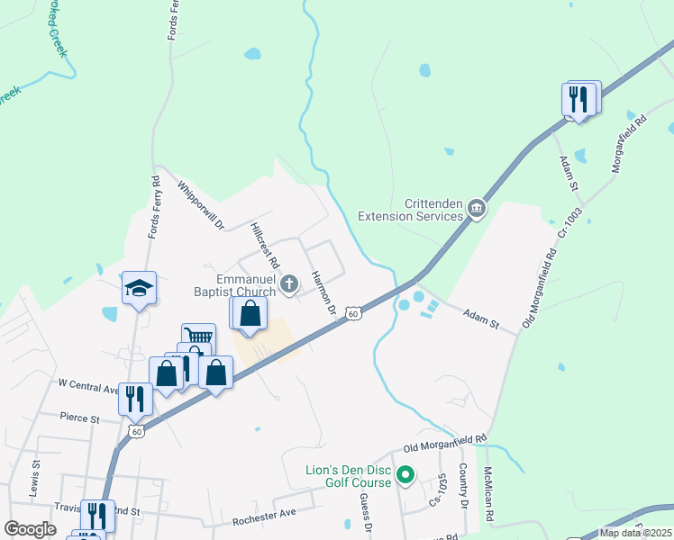 map of restaurants, bars, coffee shops, grocery stores, and more near 101 Circle Drive in Marion