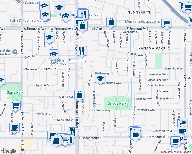 map of restaurants, bars, coffee shops, grocery stores, and more near 1479 Blackhawk Court in Sunnyvale