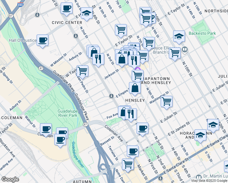 map of restaurants, bars, coffee shops, grocery stores, and more near 523 North 2nd Street in San Jose