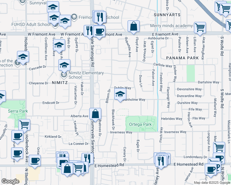 map of restaurants, bars, coffee shops, grocery stores, and more near 1479 Blackhawk Court in Sunnyvale