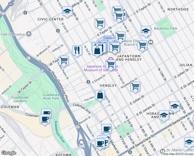 map of restaurants, bars, coffee shops, grocery stores, and more near 55 East Empire Street in San Jose