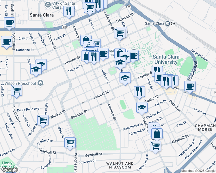 map of restaurants, bars, coffee shops, grocery stores, and more near 676 Jackson Street in Santa Clara
