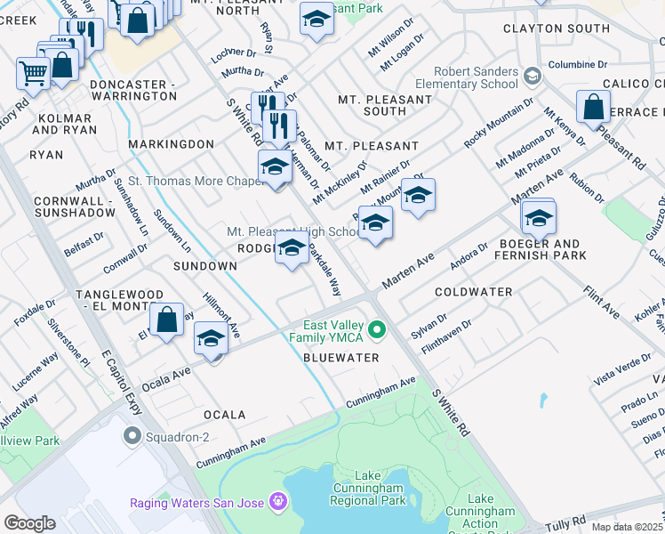 map of restaurants, bars, coffee shops, grocery stores, and more near 1780 Parkdale Way in San Jose