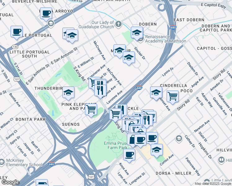 map of restaurants, bars, coffee shops, grocery stores, and more near 1829 Lavonne Avenue in San Jose