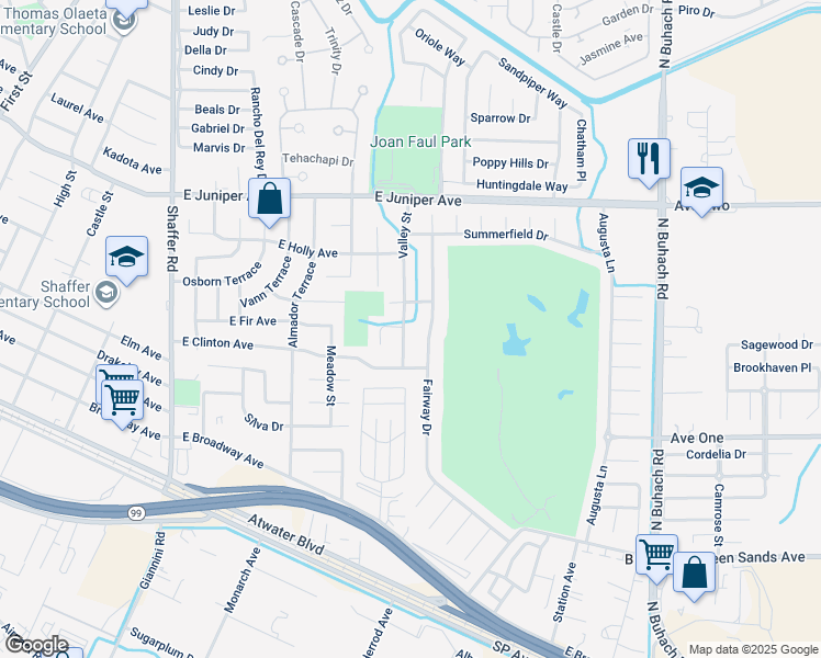 map of restaurants, bars, coffee shops, grocery stores, and more near 1484 Valley Street in Atwater