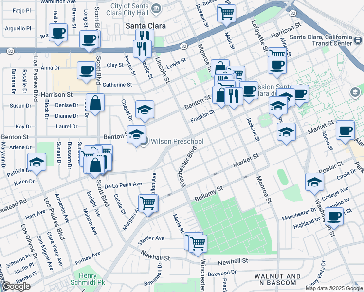 map of restaurants, bars, coffee shops, grocery stores, and more near 1694 Homestead Road in Santa Clara