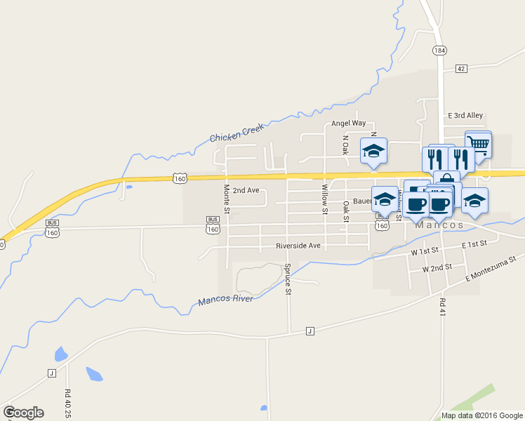 map of restaurants, bars, coffee shops, grocery stores, and more near 843 Bauer Ave in Mancos