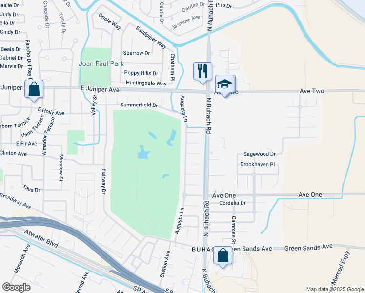 map of restaurants, bars, coffee shops, grocery stores, and more near 1663 Augusta Lane in Atwater