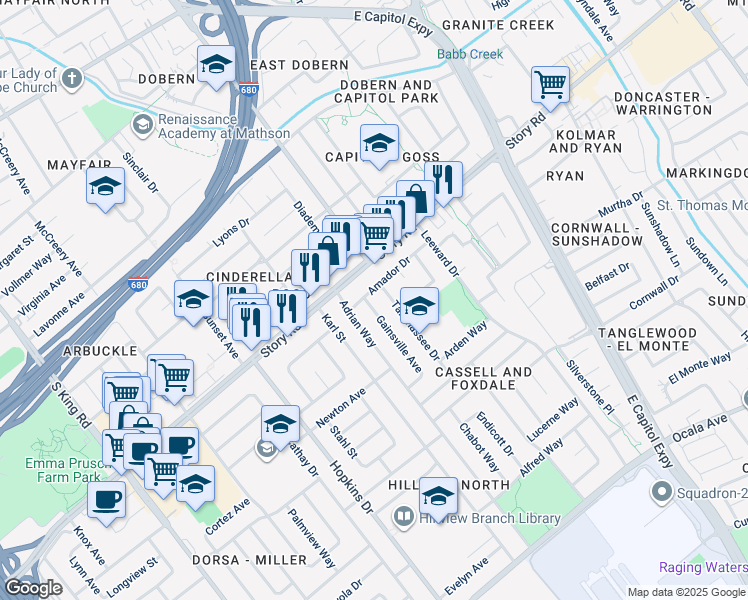 map of restaurants, bars, coffee shops, grocery stores, and more near 1161 Gainsville Avenue in San Jose