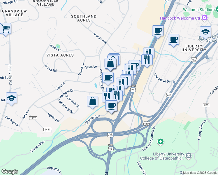 map of restaurants, bars, coffee shops, grocery stores, and more near 4028 Wards Road in Lynchburg