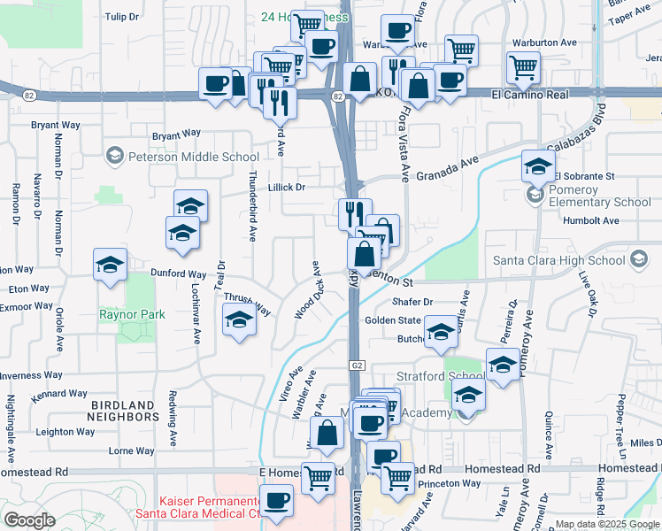 map of restaurants, bars, coffee shops, grocery stores, and more near 3665 Benton Street in Santa Clara