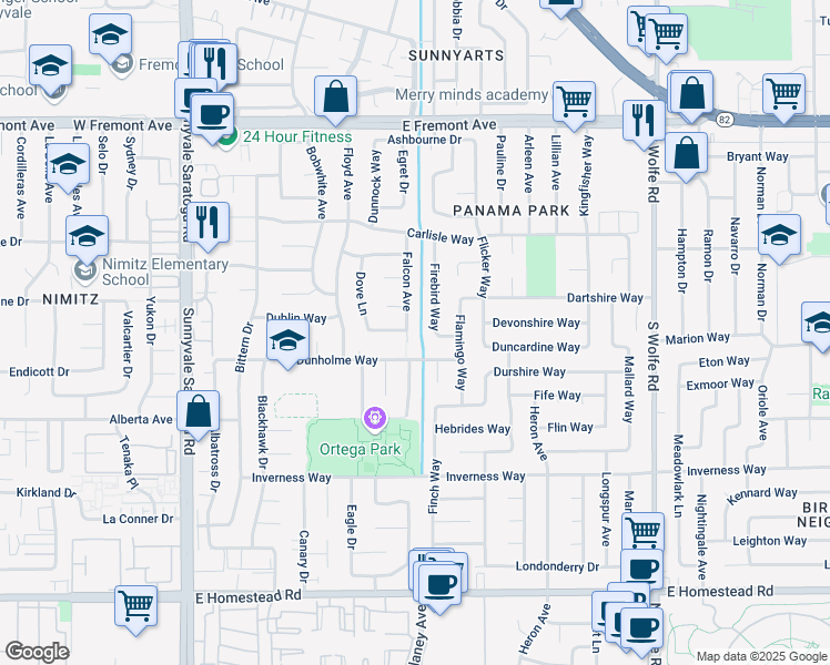 map of restaurants, bars, coffee shops, grocery stores, and more near 1480 Falcon Court in Sunnyvale