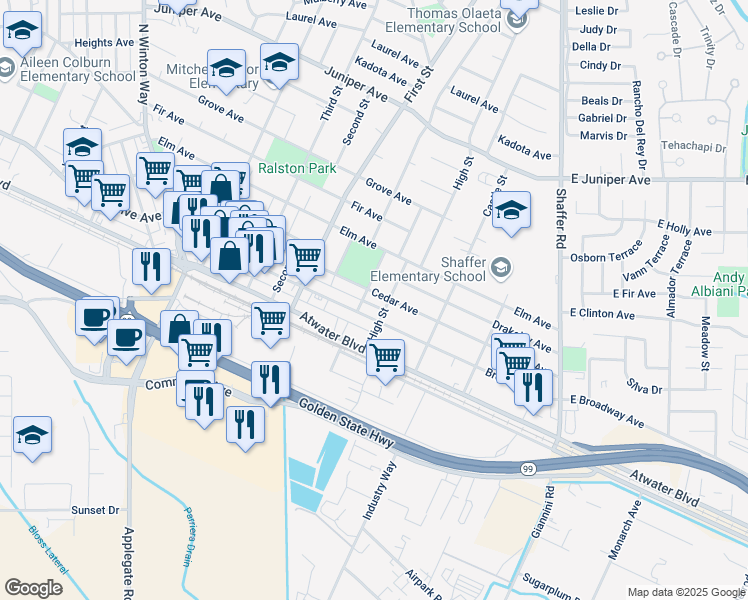 map of restaurants, bars, coffee shops, grocery stores, and more near 755 Broadway Avenue in Atwater