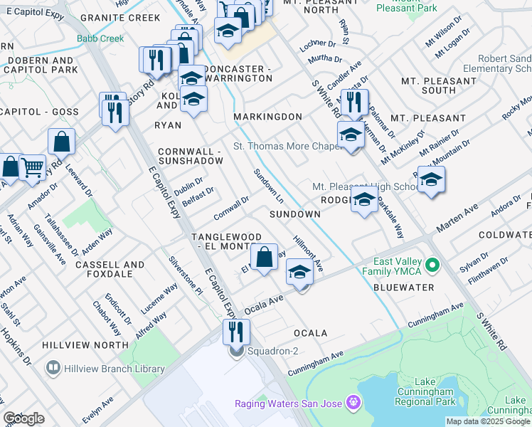 map of restaurants, bars, coffee shops, grocery stores, and more near 1607 Hillmont Avenue in San Jose