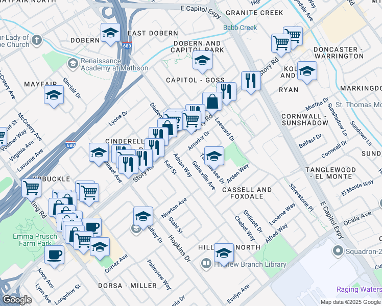 map of restaurants, bars, coffee shops, grocery stores, and more near 1161 Gainsville Avenue in San Jose
