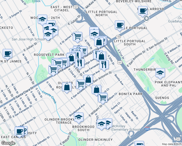 map of restaurants, bars, coffee shops, grocery stores, and more near 145 South 26th Street in San Jose