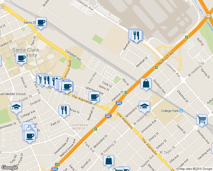 map of restaurants, bars, coffee shops, grocery stores, and more near 1133 Delno Street in San Jose