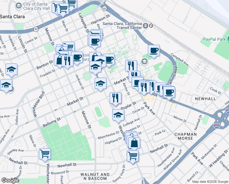 map of restaurants, bars, coffee shops, grocery stores, and more near 917 Bellomy Street in Santa Clara