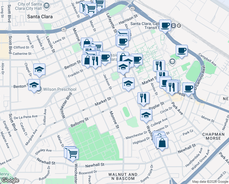 map of restaurants, bars, coffee shops, grocery stores, and more near 645 Jackson Street in Santa Clara