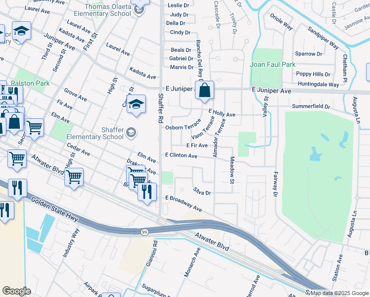 map of restaurants, bars, coffee shops, grocery stores, and more near 204 East Fir Avenue in Atwater