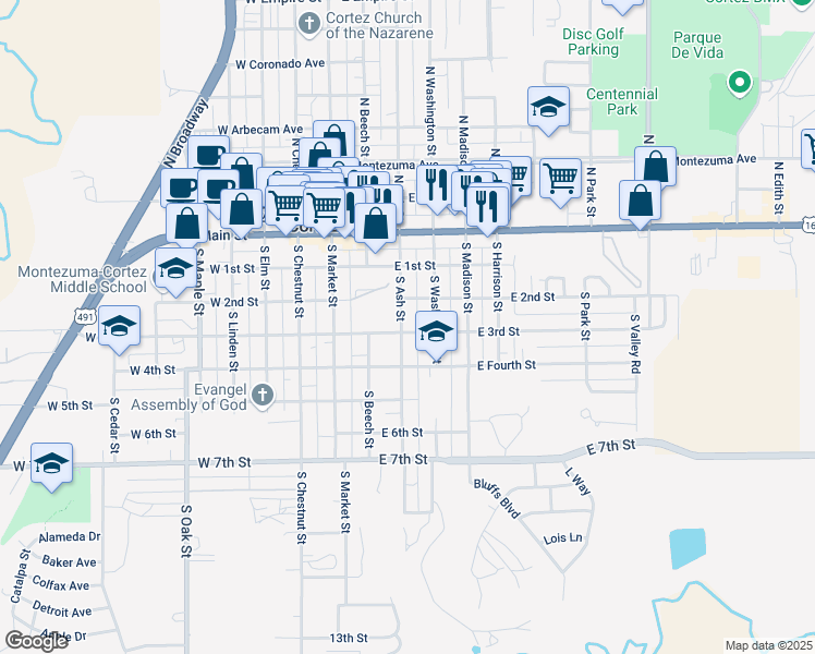 map of restaurants, bars, coffee shops, grocery stores, and more near 206 East 3rd Street in Cortez