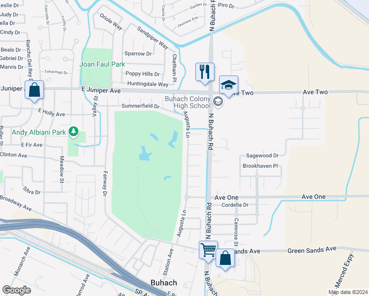 map of restaurants, bars, coffee shops, grocery stores, and more near 1663 Augusta Lane in Atwater