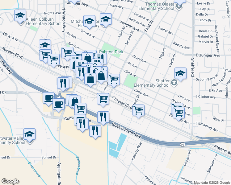 map of restaurants, bars, coffee shops, grocery stores, and more near 858 Broadway Avenue in Atwater