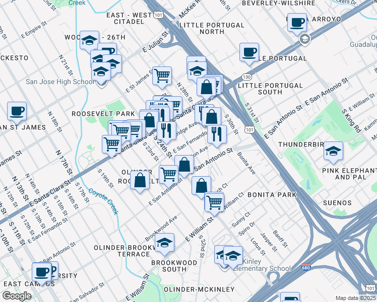 map of restaurants, bars, coffee shops, grocery stores, and more near 135 South 26th Street in San Jose