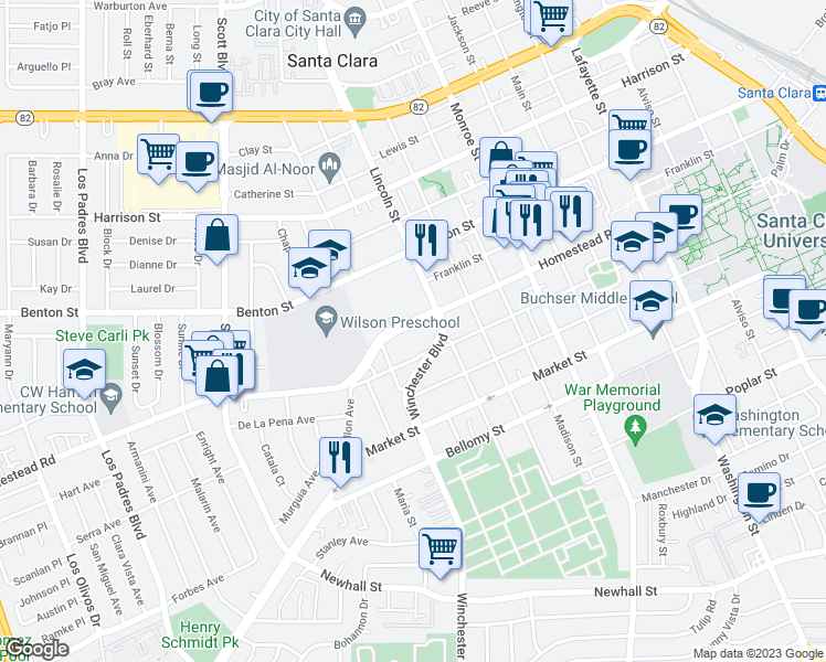 map of restaurants, bars, coffee shops, grocery stores, and more near 1694 Homestead Road in Santa Clara