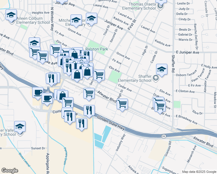 map of restaurants, bars, coffee shops, grocery stores, and more near 98 Rancho Grande Circle in Atwater