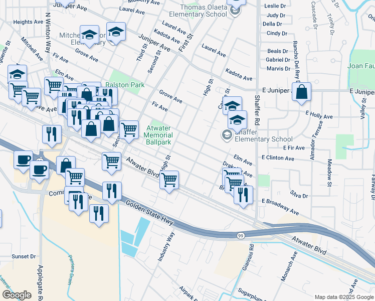 map of restaurants, bars, coffee shops, grocery stores, and more near 532 Drakeley Avenue in Atwater