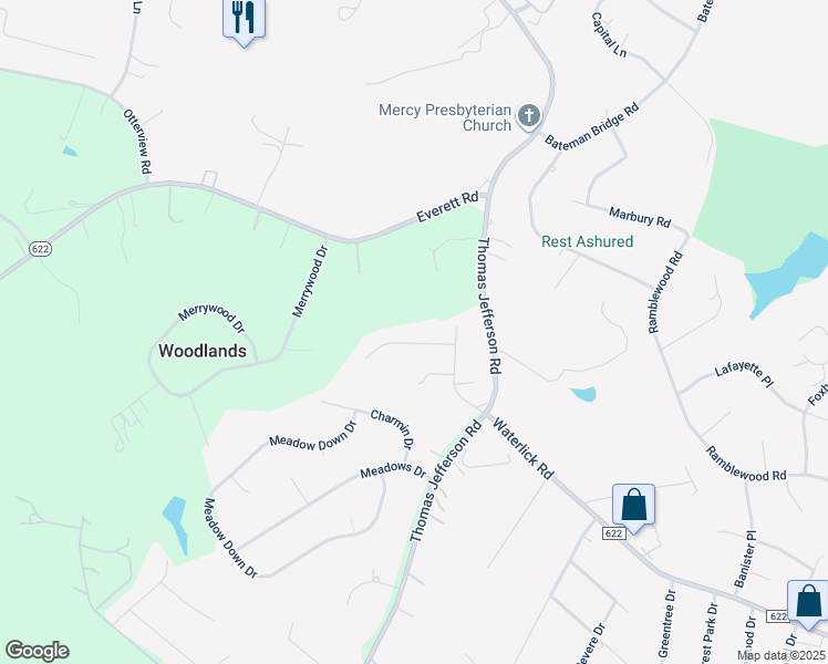 map of restaurants, bars, coffee shops, grocery stores, and more near 107 Cimarron Road in Forest