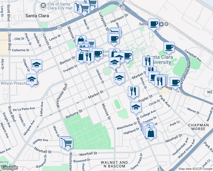 map of restaurants, bars, coffee shops, grocery stores, and more near 645 Jackson Street in Santa Clara