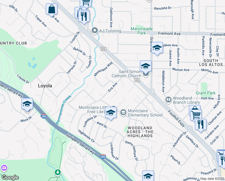 map of restaurants, bars, coffee shops, grocery stores, and more near 1405 Montclaire Place in Los Altos