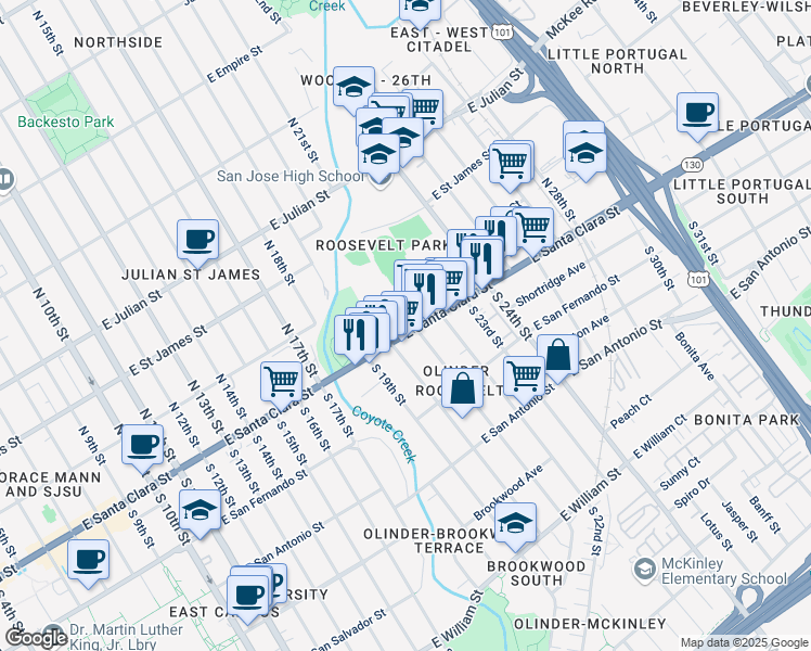 map of restaurants, bars, coffee shops, grocery stores, and more near in San Jose