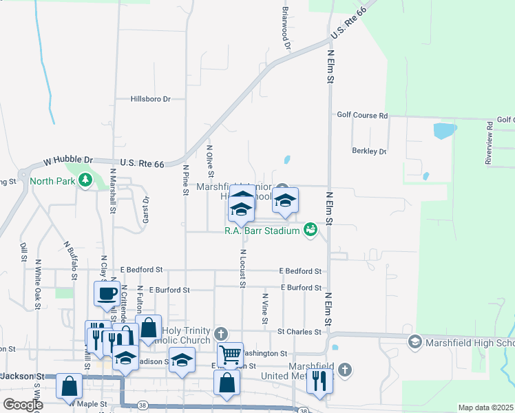 map of restaurants, bars, coffee shops, grocery stores, and more near 650 North Locust Street in Marshfield