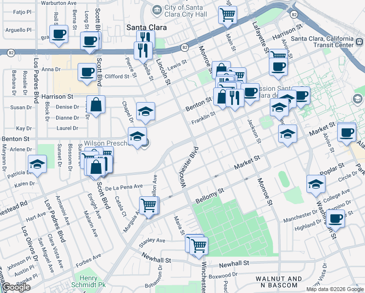 map of restaurants, bars, coffee shops, grocery stores, and more near 1694 Homestead Road in Santa Clara