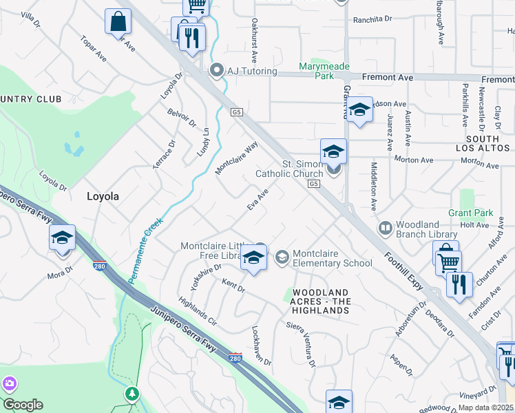 map of restaurants, bars, coffee shops, grocery stores, and more near 1405 Montclaire Place in Los Altos