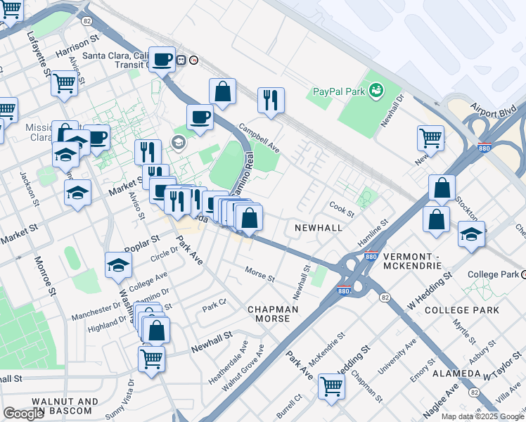 map of restaurants, bars, coffee shops, grocery stores, and more near 1211 Sherwood Avenue in Santa Clara