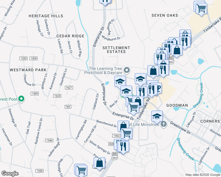 map of restaurants, bars, coffee shops, grocery stores, and more near 155 Bee Drive in Lynchburg