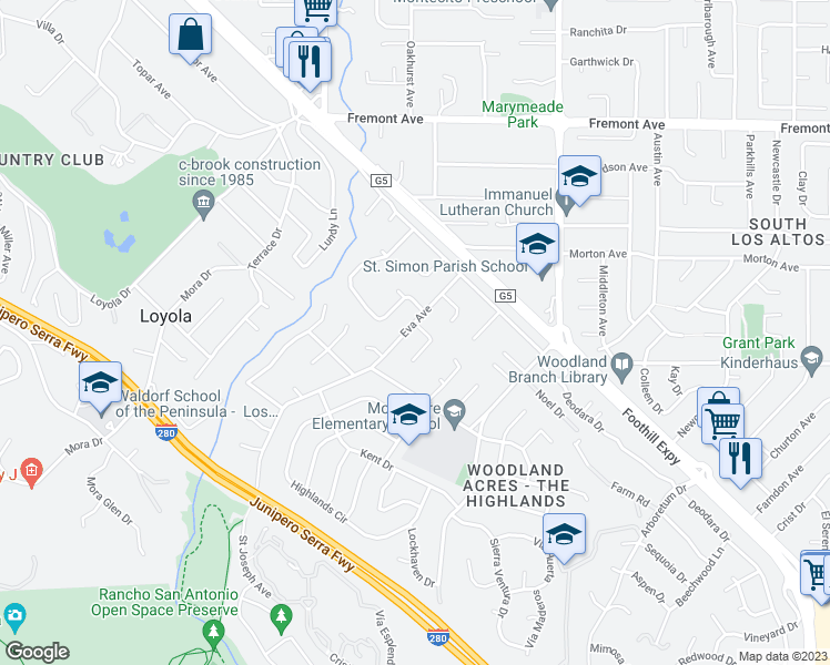 map of restaurants, bars, coffee shops, grocery stores, and more near 1405 Montclaire Place in Los Altos