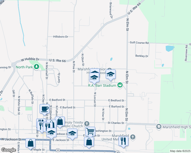 map of restaurants, bars, coffee shops, grocery stores, and more near 650 North Locust Street in Marshfield