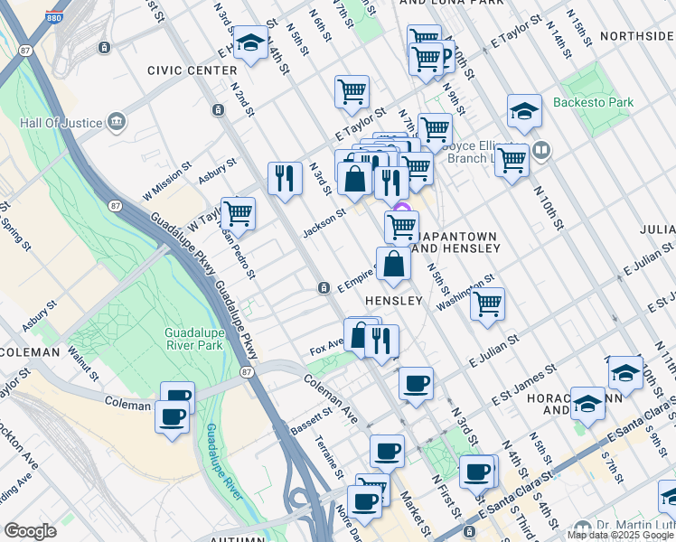 map of restaurants, bars, coffee shops, grocery stores, and more near 523 North 2nd Street in San Jose